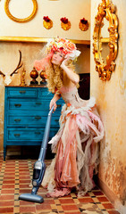 baroque fashion blonde housewife vacuum cleaner