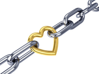 Golden heart link in a chain, isolated on white