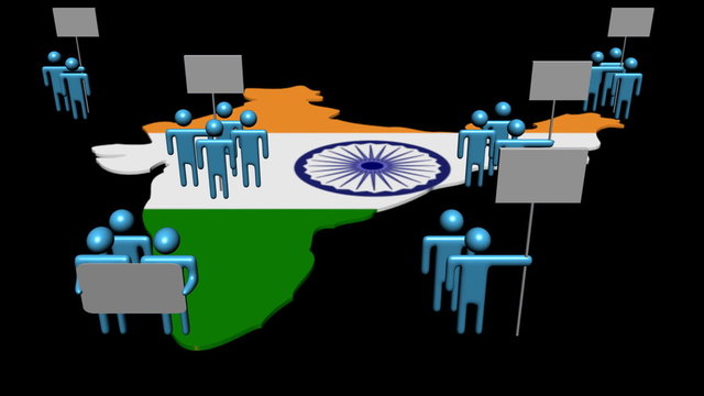 Increasing crowd demonstrating on India map flag animation