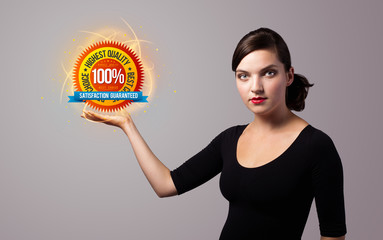 woman holding virtual business sign