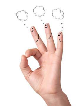 Happy ok fingers with speech bubbles and signs