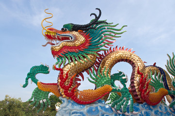 Fototapeta premium Colorful dragon statue on blue sky