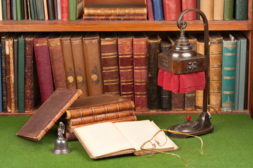 Antique Books, Lamp and Glasses