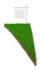 Sign on piece of land with grass isolated on white