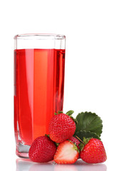 Fresh strawberry and juice glass isolated on white