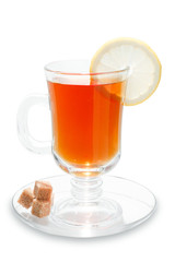 Glass cup of tea with white background