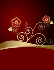 Red label with flower decoration. Vector background