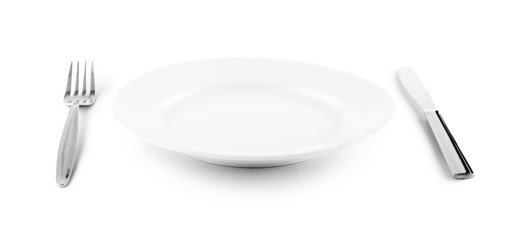 white plate, knife and fork cutlery isolated with clipping paths