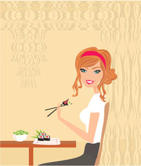 beautiful  girl enjoy sushi