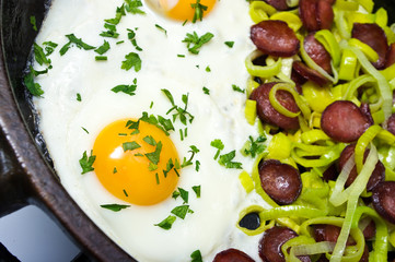 Fototapeta na wymiar Fried egg with sausage and leek