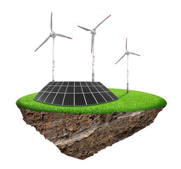 Little island with solar panel and wind turbines