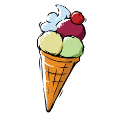 Cone with vanilla, raspberry and pistache ice cream.