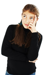 Portrait of attractive teenage girl think looking up