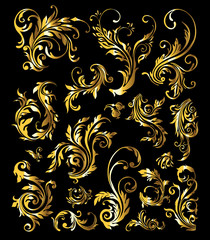 Floral Ornament Set of Vintage Golden Decoration Elements