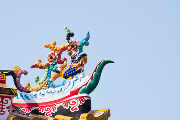 Close up of oriental decoration on Chinese Temple under blue sky