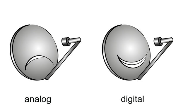 analoge und digitale Satelittenanlage als Cartoon