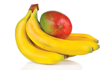 Fresh mango and bunch of bananas on a white background