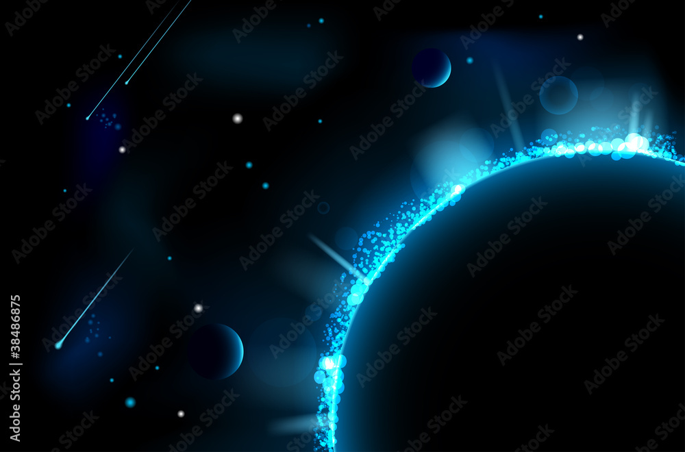 Poster abstract space scene - planets and asteroids. vector file.