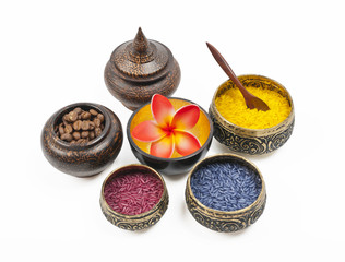 Jasmine rice coating with natural herb in brass carving bowl