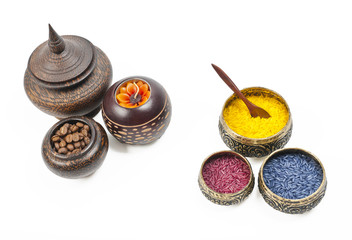 Group of spa set with jasmine rice coated with natural herb