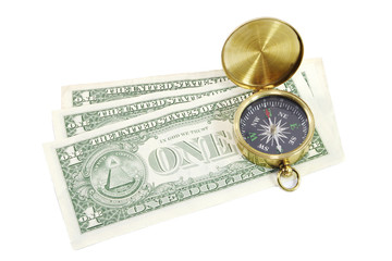 Compass on Three, One US Dollar Bills.