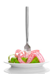 fork and measuring tapes on plate isolated on white