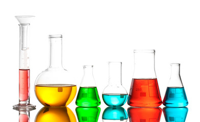 Different laboratory glassware with color liquid