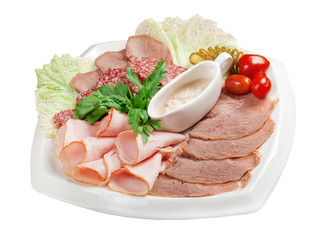 sliced food  meat and sausage arrangement .