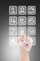 hand pushing transparent telephone buttons