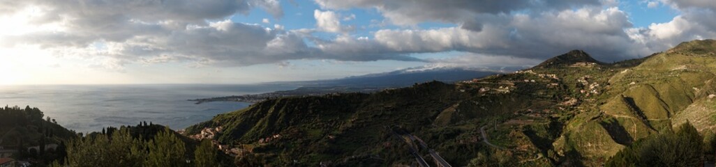 Dawn panorama of Taormina Bay and Giardini-Naxos in Sicily,Italy