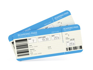 Two airline boarding pass tickets isolated on white - obrazy, fototapety, plakaty