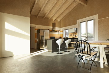 interior, new loft furnished, view of dining table and kitchen