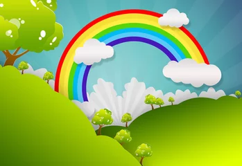 Behangcirkel Het gras met een blauwe lucht en Rainbow © kangshutters