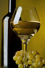 A glass of wine, bottle and grapes