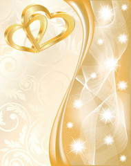 Wedding card with two golden hearts, vector illustration