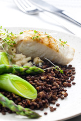 butterfish with green lentils, leek and green asparagus