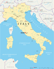 Italy political map with capital Rome, the Vatican and San Marino, national borders, most important cities, rivers and lakes. Illustration with english labeling and scale. Vector.