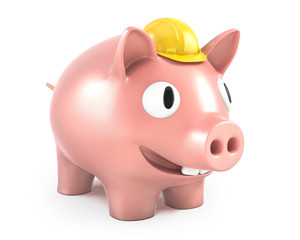 Piggy bank wears small yellow helmet