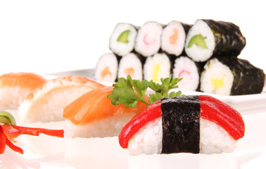 Sushi pieces on white background