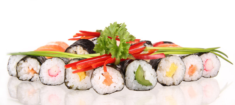 Sushi pieces on white background