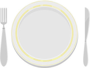 Vector image  plates with a gold rim with a fork and knife