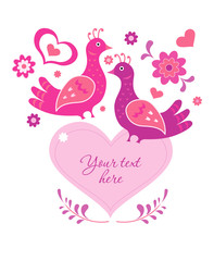 Greeting decortive card template birds and heart