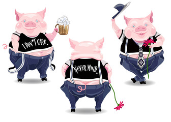 Three funny pig characters with beer, flower and text.