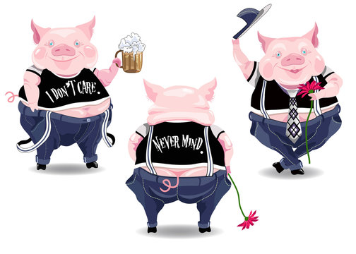 Three funny pig characters with beer, flower and text.