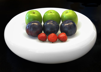 Composition of fresh fruits, strawberries, plums and apples