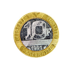 pièce de dix francs sur fond blanc