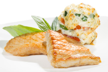 grilled salmon on white plate