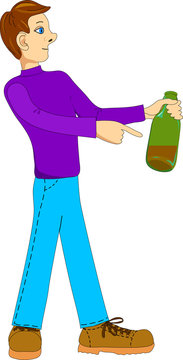 Young man points to bottle with wine