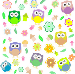 background with spring elements - owls, mushrooms, flowers