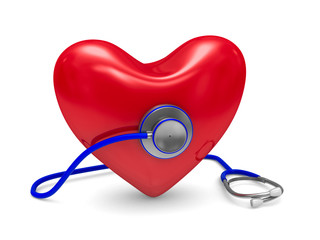 Stethoscope and heart on white background. Isolated 3D image